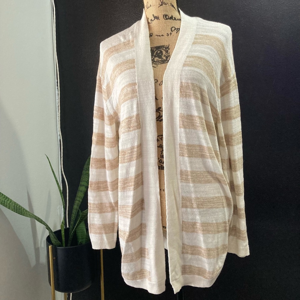 Talbots Womens Tan White Striped‎ Open Front Cardigan Sweater Size M BD5368